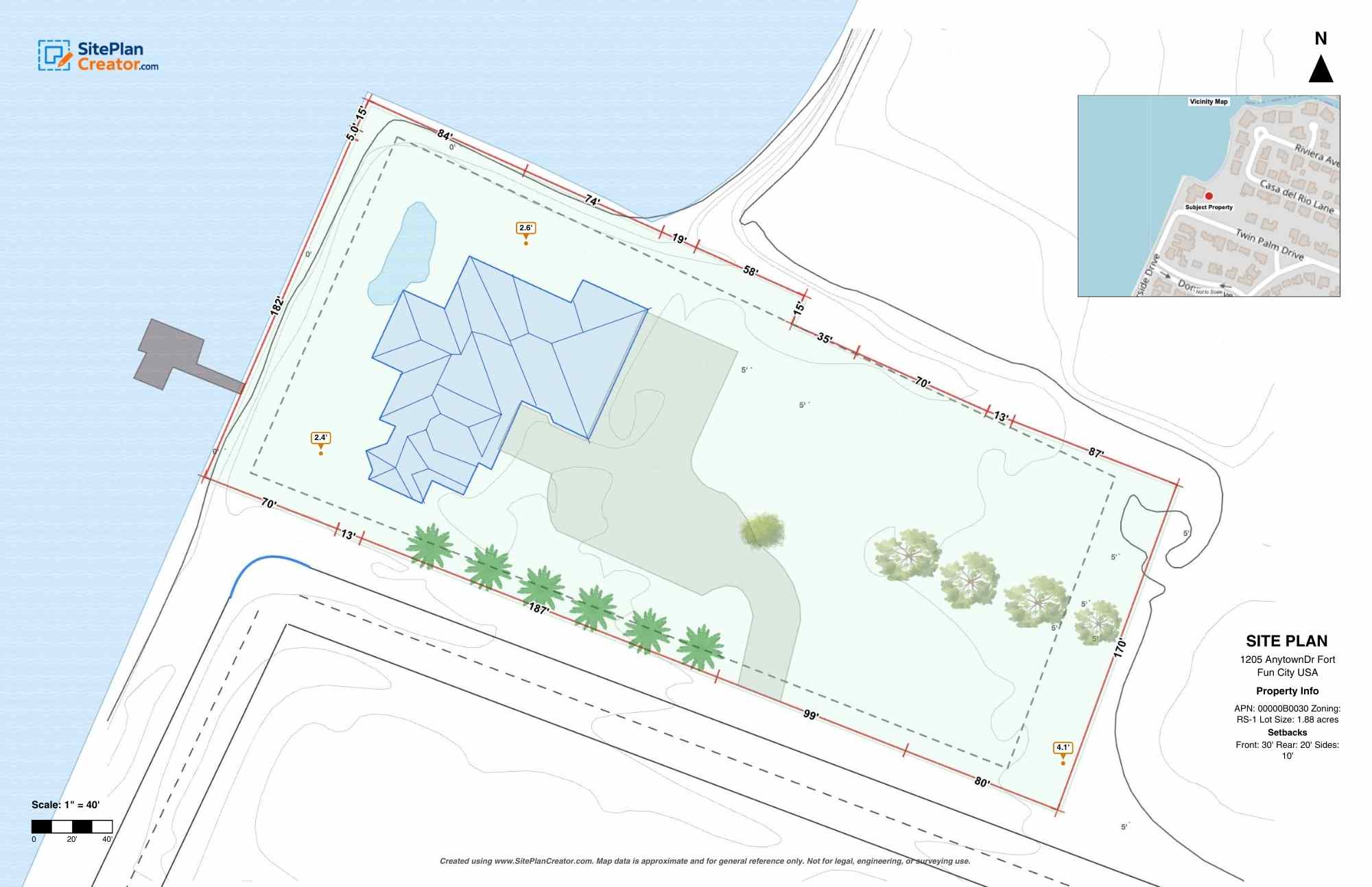 Finished waterfront residential site plan created with Site Plan Creator, showing the property boundary, building footprint, setback lines, dimensions, vicinity map, north arrow, and scale bar.